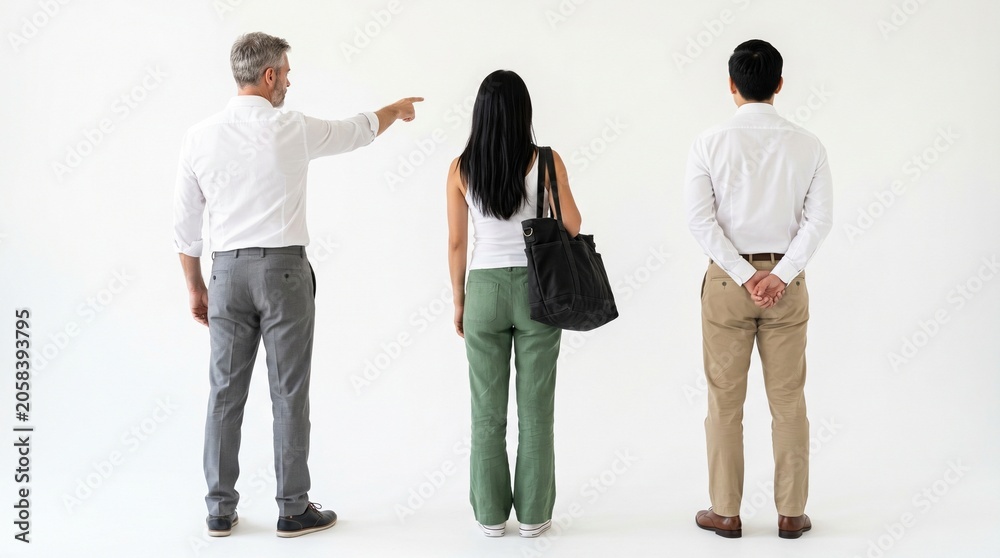 Obraz premium Three people standing in a row on white background looking ahead
