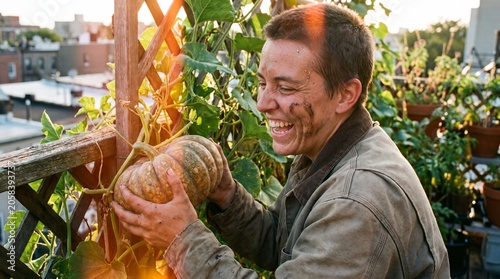 Non-binary person laughing while holding a pumpkin in a rooftop garden at sunset
