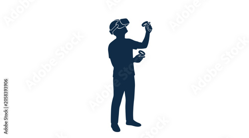 A silhouette of a person wearing a virtual reality headset and holding controllers.