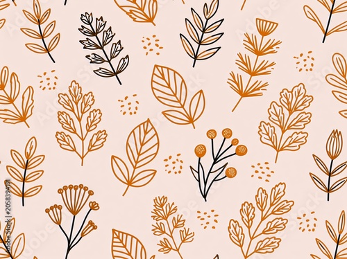 Gender neutral foliage leaf seamless raster background. Simple whimsical 2 tone pattern. Kids nursery wallpaper or scandi all over print.botanical florals silhouette designs amber colors