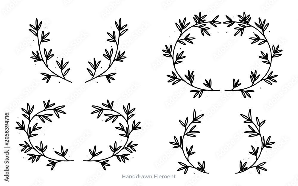 Obraz premium Set of hand-drawn botanical wreaths and laurel frames with delicate leaves, perfect for rustic designs and natural decorations.
