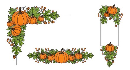 Hand Drawn Autumn Pumpkin Frames with Oak Leaf Garland on White Background