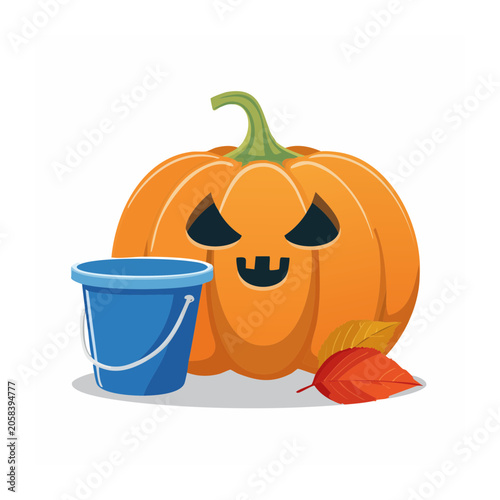 Jack o lantern with bucket and autumn leaves illustration