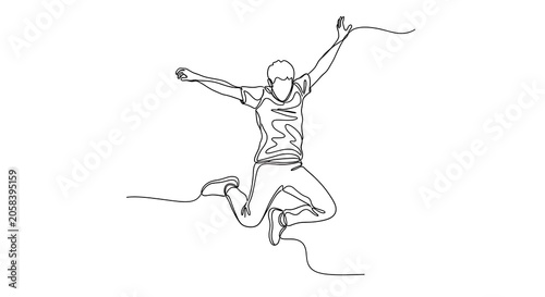 Continuous line drawing of a person jumping in the air with arms raised in joy