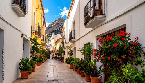 Charming Narrow Alley Lined with Potted Flowers in Traditional White Village Street
