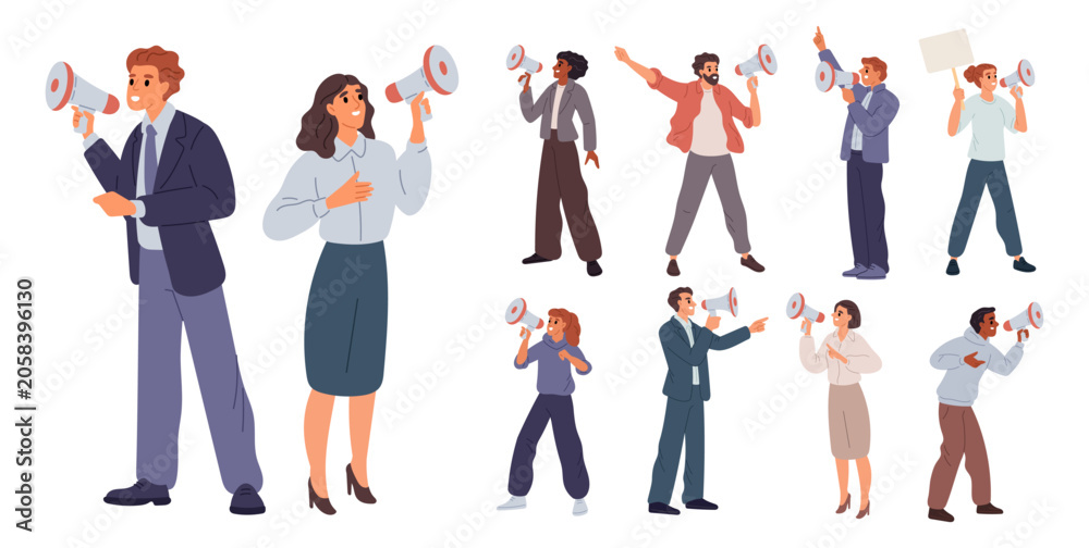 Fototapeta premium People speaking through megaphones. Campaigners shouting into loudspeakers. Agitators in various poses. Man and woman making announcements. Demonstration activists. Speakers vector set