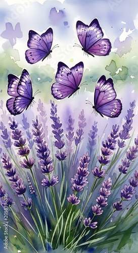 Purple Butterflies Flying Above Lavender Flowers in Soft Watercolor Garden