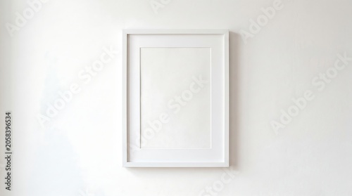 A minimalist white picture frame hanging on a plain white wall, ready for artwork
