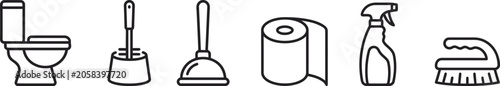 Konstfotografi Bathroom cleaning and sanitation equipment line set featuring toilet, brush, plu