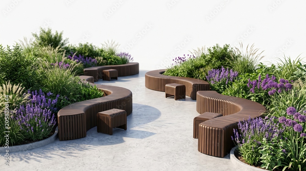 Fototapeta premium Modern garden seating area with wooden benches and purple flowers