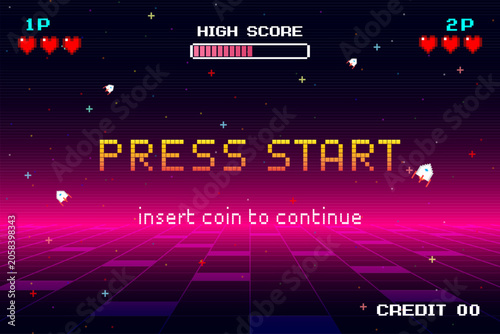 PRESS START. press start button. pixel art 8 bit. Retro Futurism Sci-Fi Background. glowing neon grid and stars from vintage arcade computer games