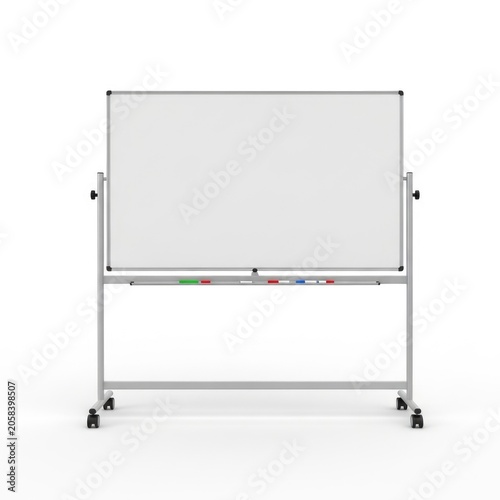 Mobile whiteboard on wheels with markers isolated on white background