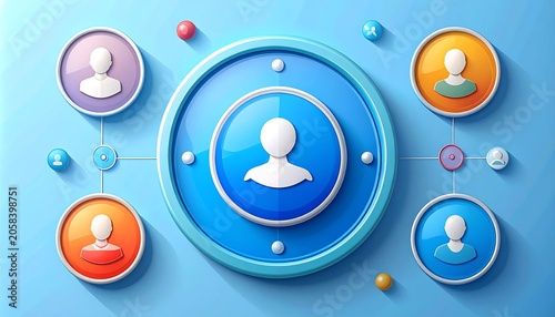 Colorful User Profile Icons Connected in Circular Network on Blue Background