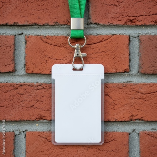 Blank id badge hanging on brick wall isolated on white background