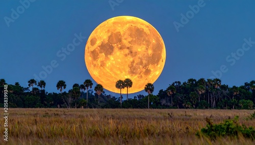 Giant Golden Full Moon Rising Behind Palm Trees Over Open Grassland at Dusk