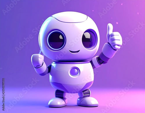 Cute White Robot Giving Thumbs Up in Purple Gradient Studio Background