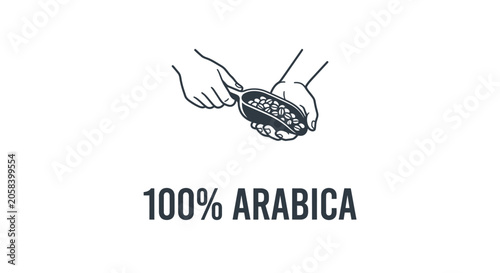Photos A hand drawn illustration of hands holding a scoop filled with coffee beans with the text 100 percent Arabica