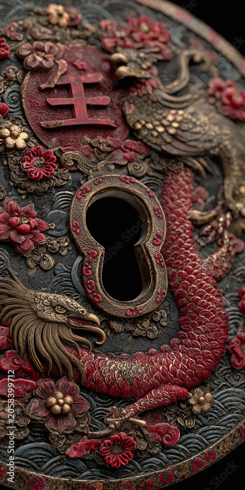 Obraz premium Close-up Detail of Ornate Antique Japanese Sword Guard Tsuba with Intricate Carvings and Red Accents