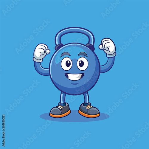 Fun, cartoon kettlebell, fitness icon, workout symbol, exercise character, blue color
