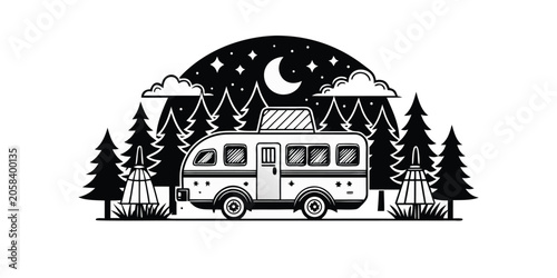Camping, RV, nighttime, outdoors, adventure, travel, vector illustration