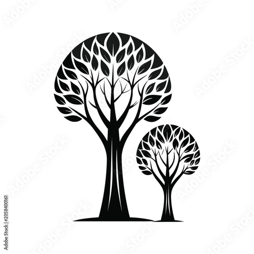 Black tree silhouettes, leafy tree icons, minimalist tree graphics, vector trees