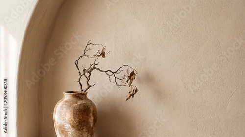 Wabi-sabi ceramic vase with dried branch against textured warm beige plaster arch wall