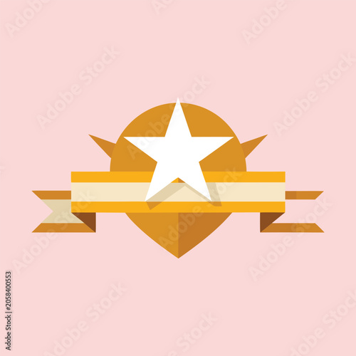 Golden star award icon, shiny badge, ribbon emblem, vector label