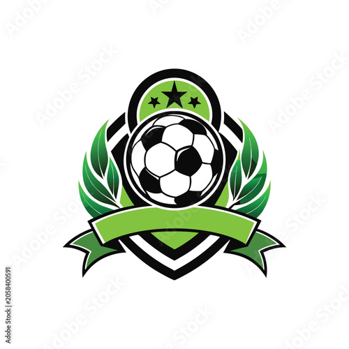 Soccer ball logo, green laurel wreath, sports emblem, football shield
