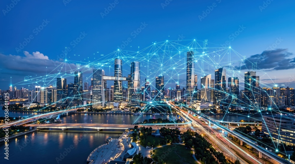 Obraz premium Futuristic city skyline at dusk with digital connectivity and network technology in urban space