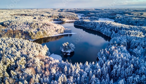 Snow Covered Forest Surrounding Calm Lake in Winter Aerial Landscape