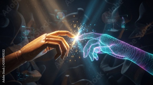 Wooden mannequin hand touching glowing digital wireframe hand with sparks
