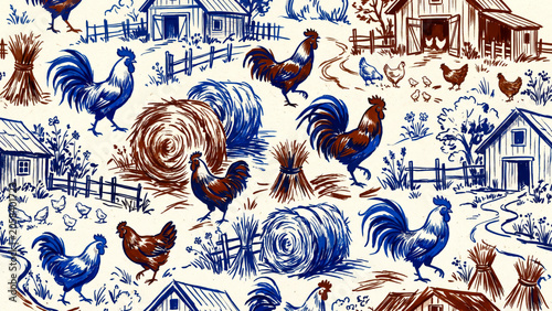 bold ink brush stroke pattern showing strutting roosters and hay bales in vibrant cobalt blue and burnt sienna hues rustic traditional poultry farm wallpaper seamless repeat