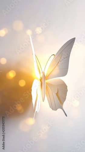 A delicate white paper butterfly sculpture on a plain background