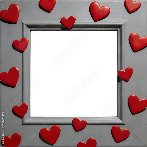 Decorative photo frame surrounded by red heart-shaped ornaments on gray wood background