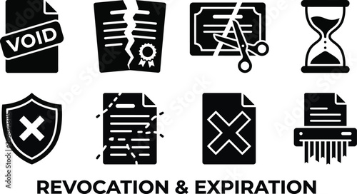 Fotografie Revocation and expiration icons, documents being voided and shredded, isolated