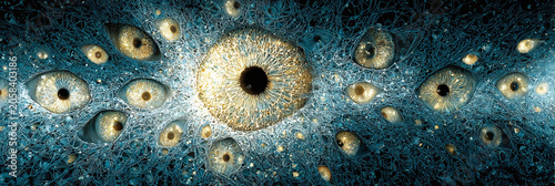 A stunning astronomical event showcases a vibrant galaxy with a large central eye-like structure surrounded by numerous smaller celestial bodies in space.