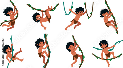 Vászonkép Jungle Boy Character Set Swinging and Climbing on Tropical Vines for Adventure K