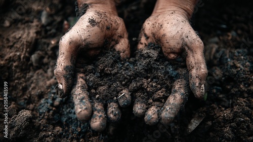 A pair of dirty hands holding a handful of soil and earth