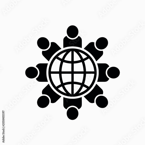 Global team meeting around a globe icon