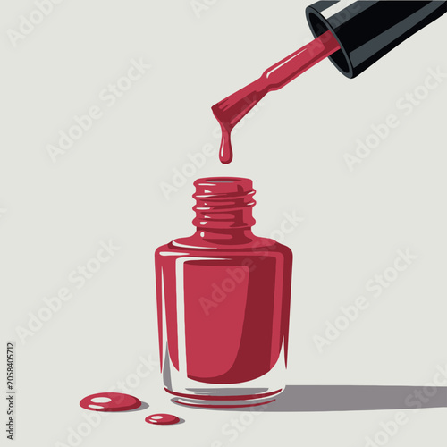 Red nail polish bottle with dripping brush and spilled polish