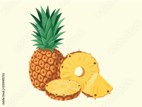 Whole pineapple with slices and rings on a light background