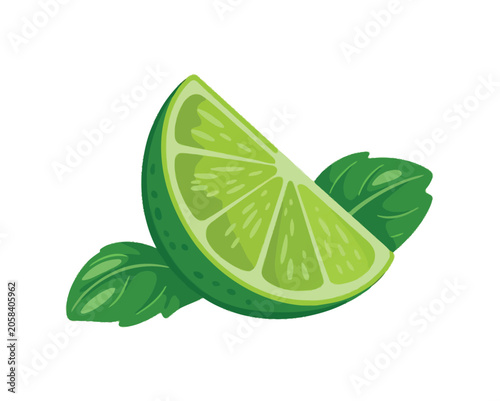 Fresh lime wedge with green basil leaves isolated on white background