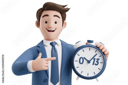 Young man, businessman standing, smiling, pointing to timer. Time set, timing, self organization, day planning, time management concept. 3d vector people character illustration. Deadline, 3D character