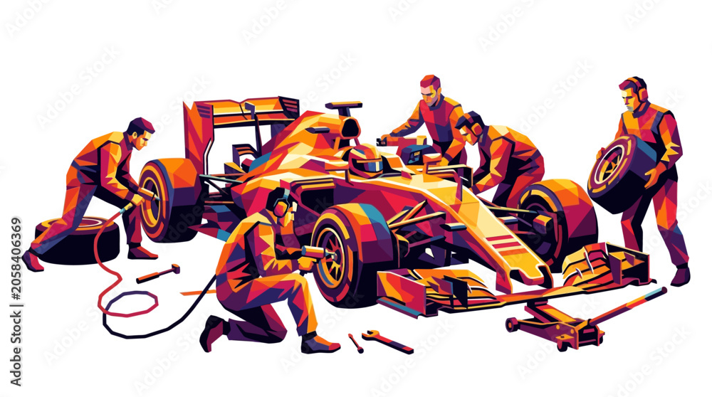 Naklejka premium Formula one orange race car pit crew members changing fast racing wheels. Suitable for automotive, sports, racing, competition, teamwork, and speed concepts.