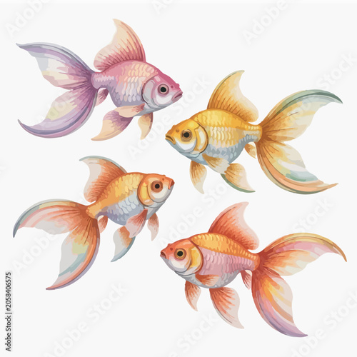 Four colorful watercolor goldfish swimming gracefully in a group