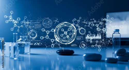 Futuristic pharmaceutical research interface with molecular structures and data visualizations on a laboratory surface