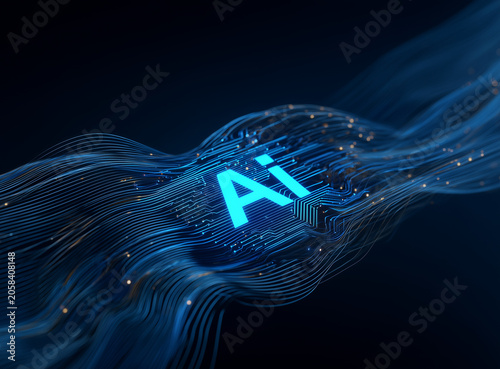 AI Processor Chip with Data Flow on Futuristic Circuit Board