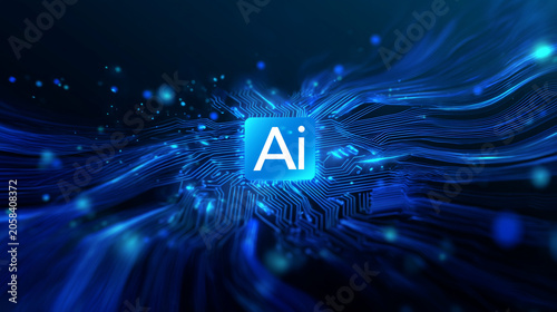 AI Processor Chip with Data Flow on Futuristic Circuit Board