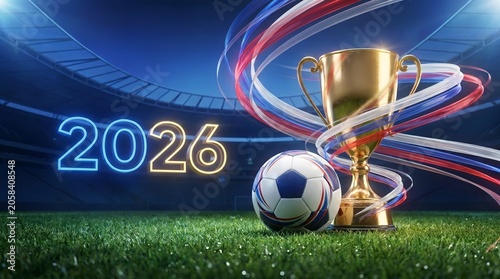 2026 Football Tournament Trophy with Soccer Ball on Grass Stadium Pitch
