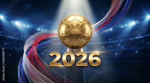 Golden Football Trophy Ball with 2026 Text on Dark Prestigious Background